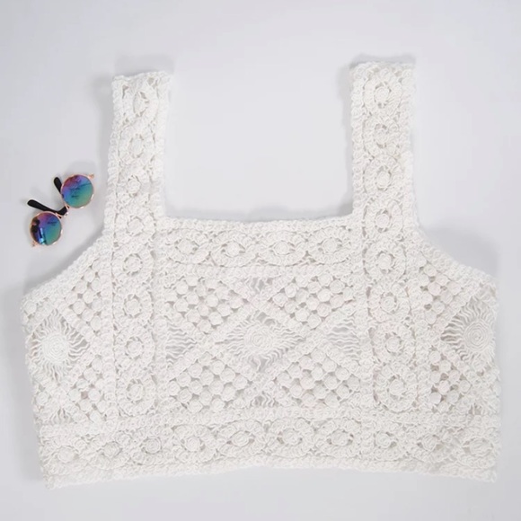CLEARANCE White Bohemian Crochet Cropped Summer Boho Casual Tank Top - Picture 5 of 7